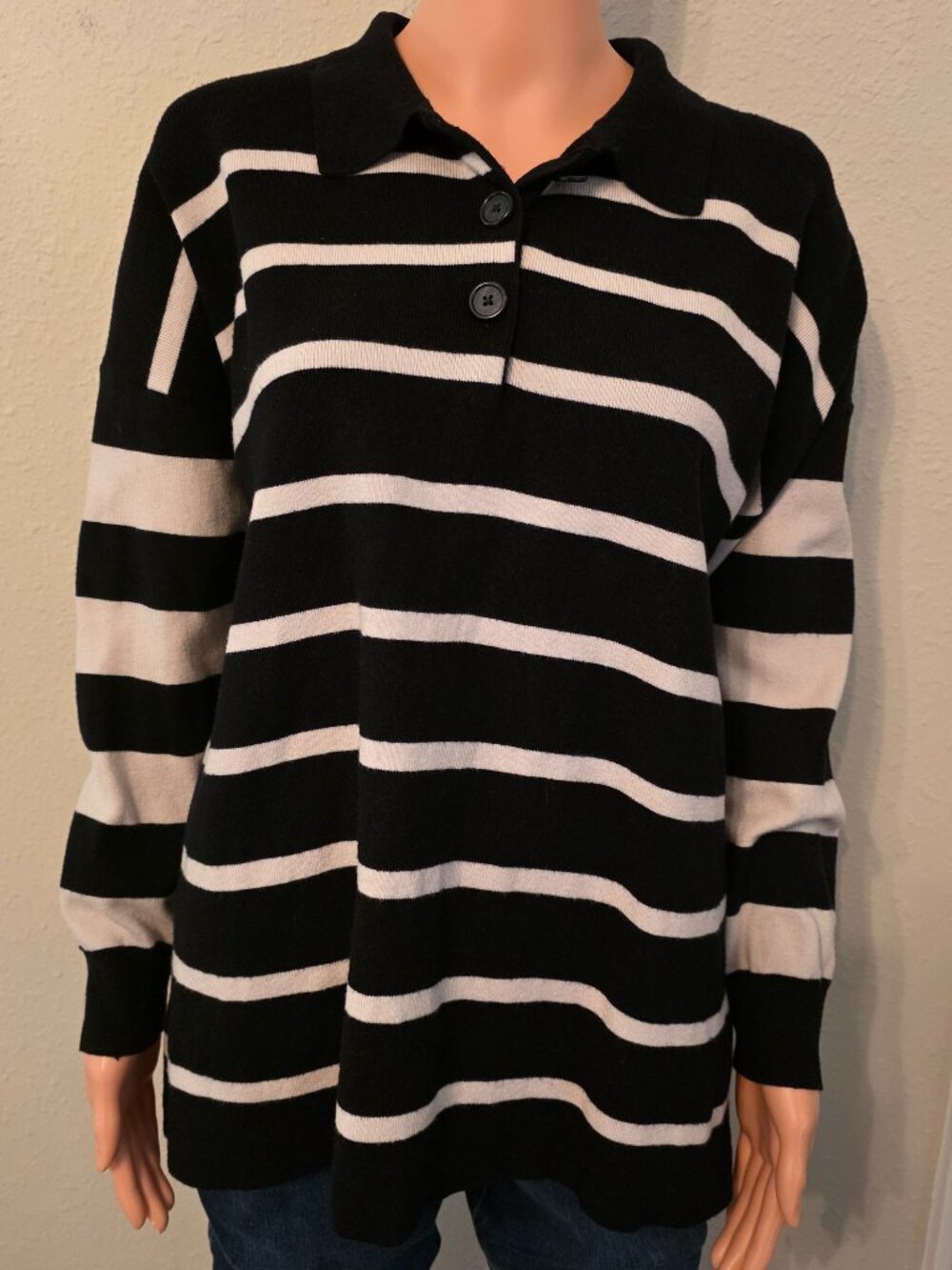 ZARA Black & White Striped Polo Shirt - Size Large
